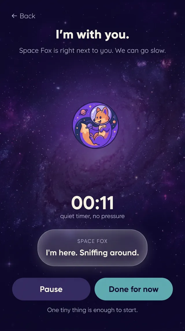 App screen showing Space Fox — a quiet timer with a friendly fox companion in a purple galaxy.